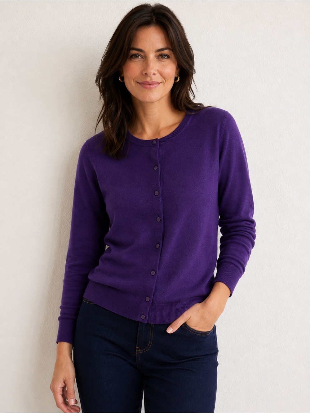 Talbots 100% cotton Pima Deep Violet Crewneck Button-Front Cardigan M
